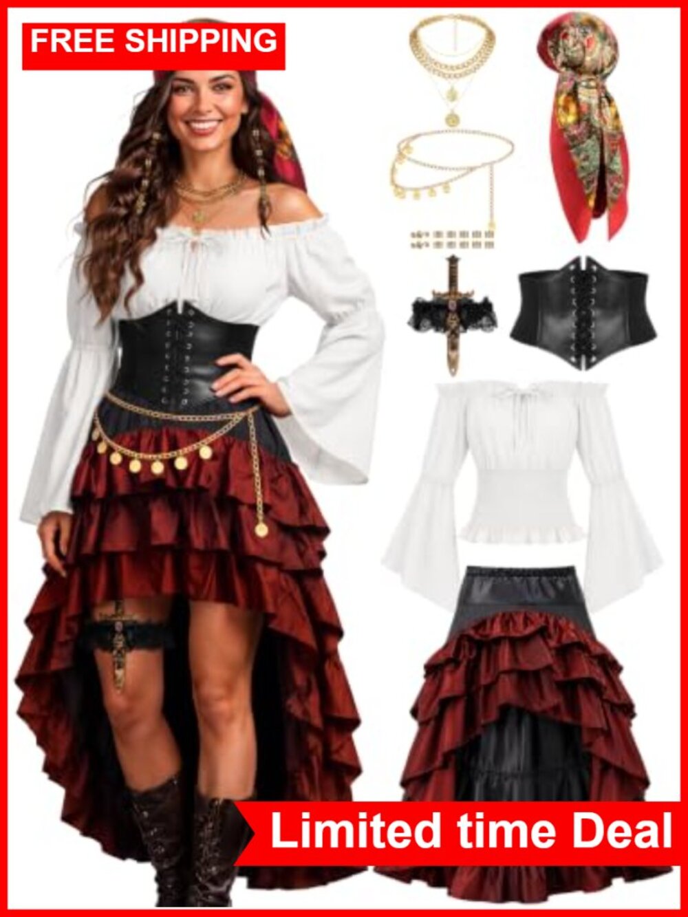 Pirate Costume Women Set Shirt Skirt Corset Belt Accessories Halloween